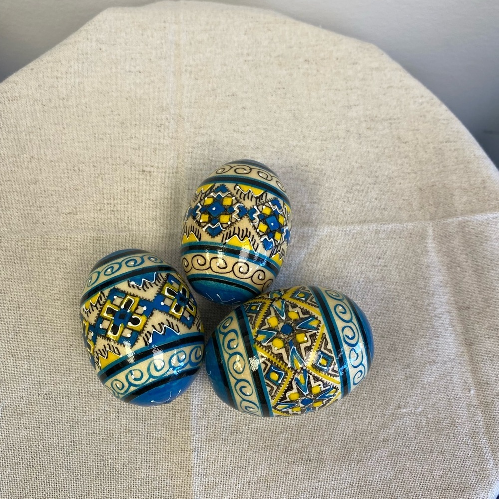 Wooden Easter Eggs with Blue and Yellow Patterns., set of 3